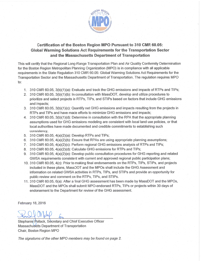 Page one of the MPO Green House Gas certification document